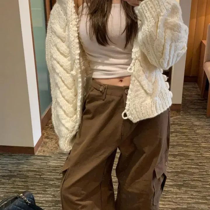 [BUNJANG] Burkin Wool 100% Handmade Cable Knit Cardigan / 마지막가격 버킨 울 100 핸드메이드 니트 가디건 크림