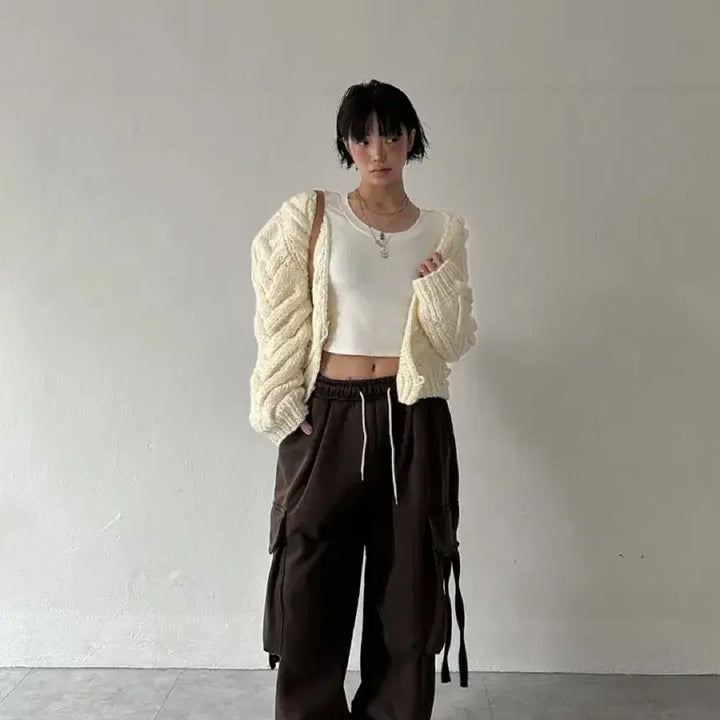 [BUNJANG] Burkin Wool 100% Handmade Cable Knit Cardigan / 마지막가격 버킨 울 100 핸드메이드 니트 가디건 크림