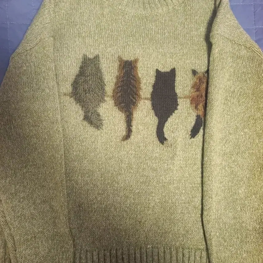 [BUNJANG] Cat Motif Matcha Green Knit Sweater / 말차색 고양이 니트