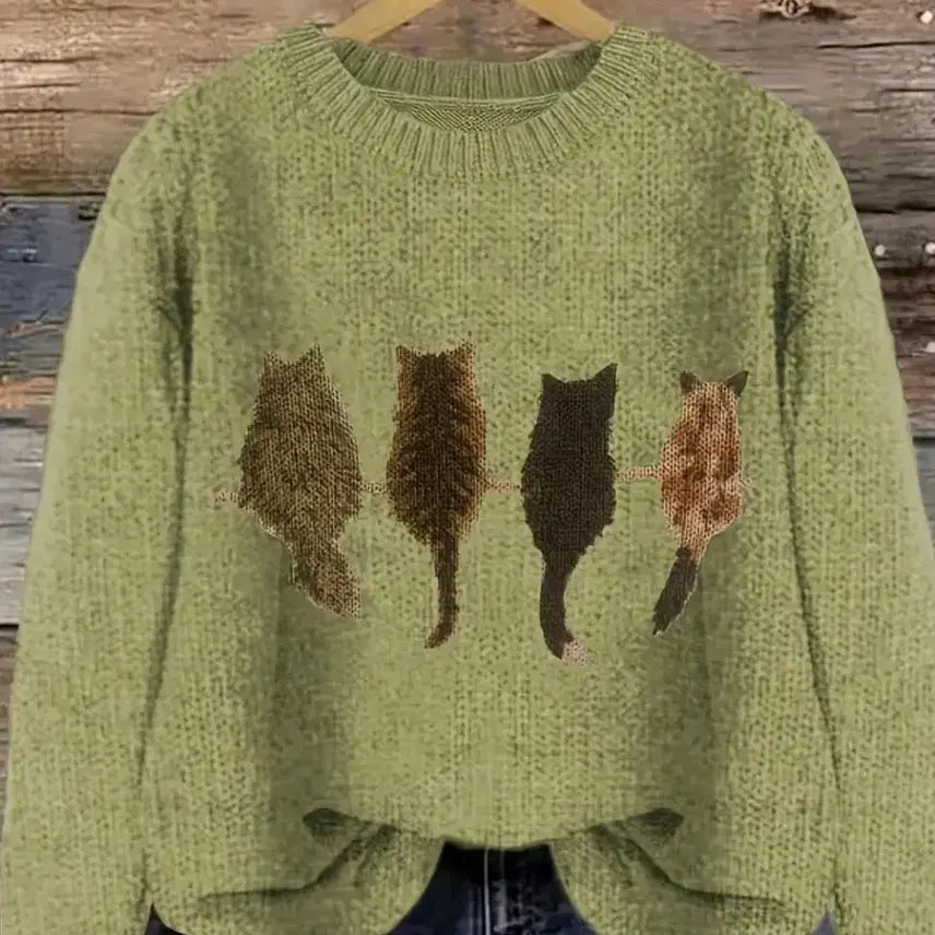 [BUNJANG] Cat Motif Matcha Green Knit Sweater / 말차색 고양이 니트