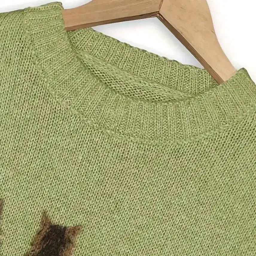 [BUNJANG] Cat Motif Matcha Green Knit Sweater / 말차색 고양이 니트