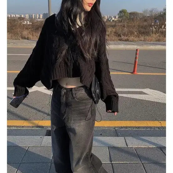 [BUNJANG] One More Bay V-Neck Long Sleeve Knit - Black / 애니원모어 베이 브이넥 롱 소매 니트 블랙