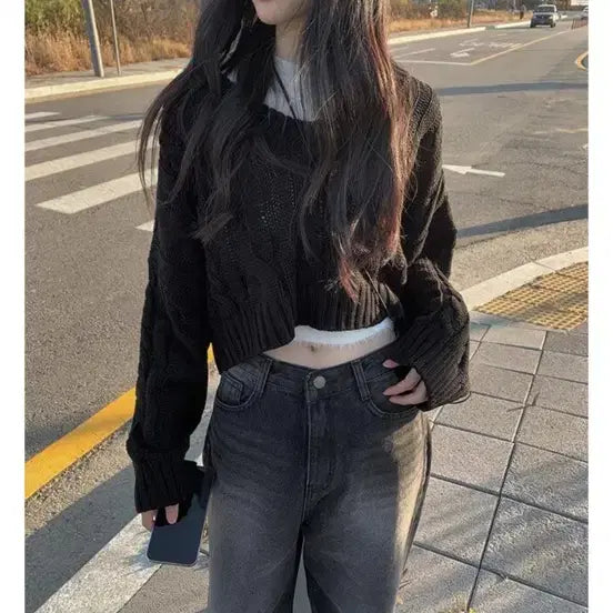 [BUNJANG] One More Bay V-Neck Long Sleeve Knit - Black / 애니원모어 베이 브이넥 롱 소매 니트 블랙