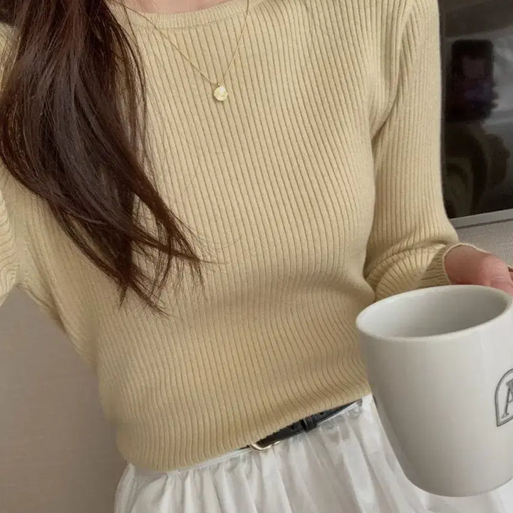 [BUNJANG] Olive Semi-Crop Round Neck Knit Top / 골지 세미 크롭 라운드넥 니트 프리사이즈 올리브