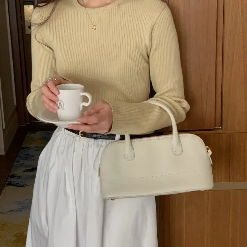 [BUNJANG] Olive Semi-Crop Round Neck Knit Top / 골지 세미 크롭 라운드넥 니트 프리사이즈 올리브