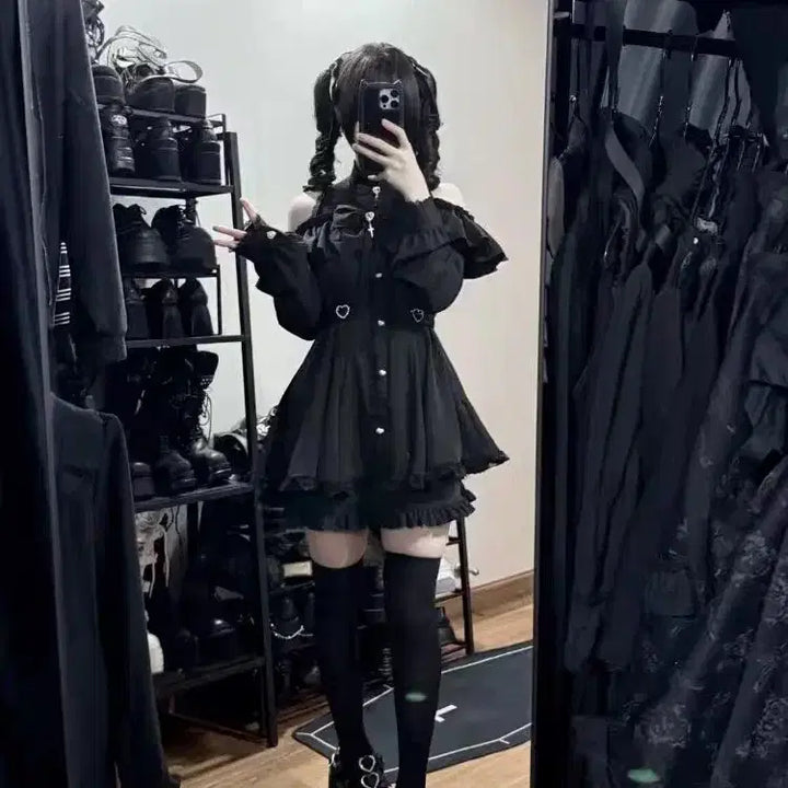 [BUNJANG] Black Gothic Punk Off-shoulder Set / 지뢰계 블랙 고스펑크 오프숄더 셋업