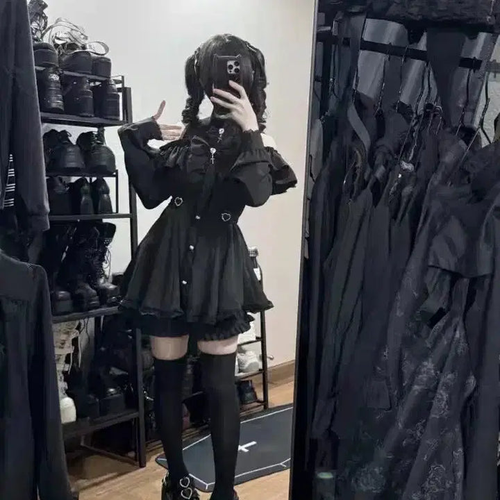 [BUNJANG] Black Gothic Punk Off-shoulder Set / 지뢰계 블랙 고스펑크 오프숄더 셋업