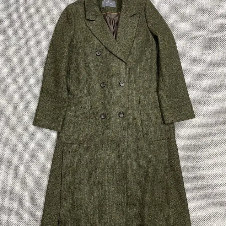[BUNJANG] Wool 100% Khaki Herringbone Double Long Coat / 울100% 카키 헤링본 롱코트 / 클래식 더블 코트
