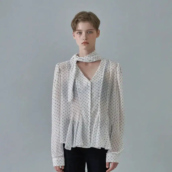 [BUNJANG] Without Summer Dot Scarf Blouse Ivory / (새상품)위드아웃썸머 도트 스카프 블라우스 땡땡이 셔츠 아이보리