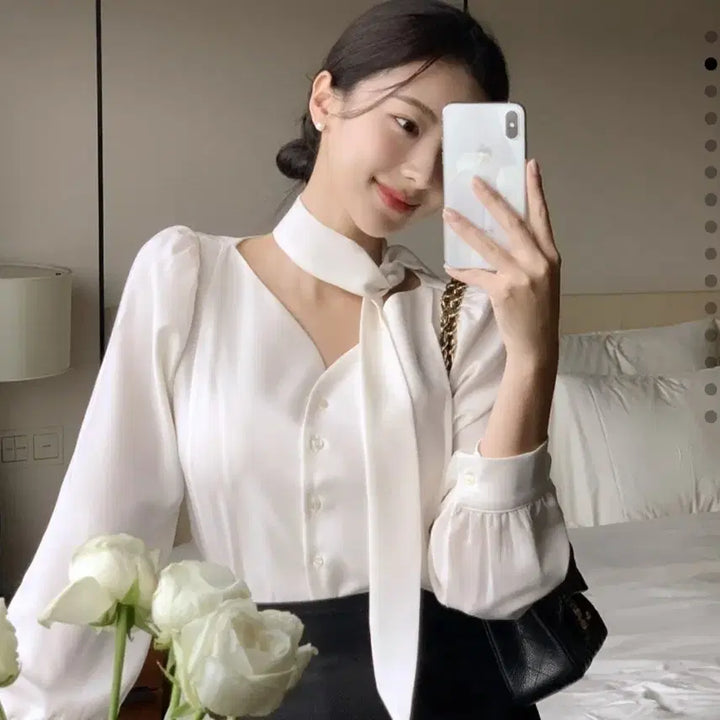 [BUNJANG] Black Ribbon Blouse / 블랙 리본 블라우스 퍼프 긴팔