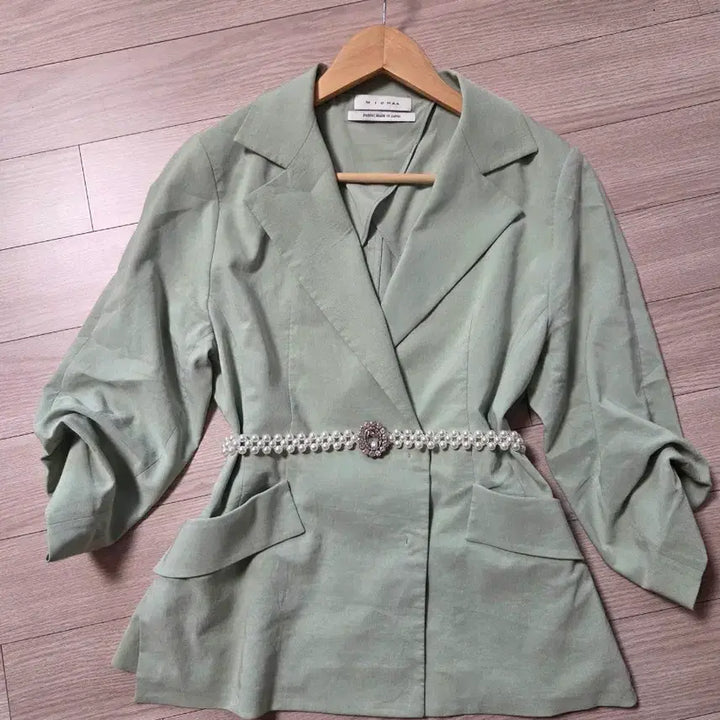 [BUNJANG] MICHAA Mint Linen Blazer Jacket / MICHAA미샤 민트 블레이저 린넨자켓 + 진주 벨트