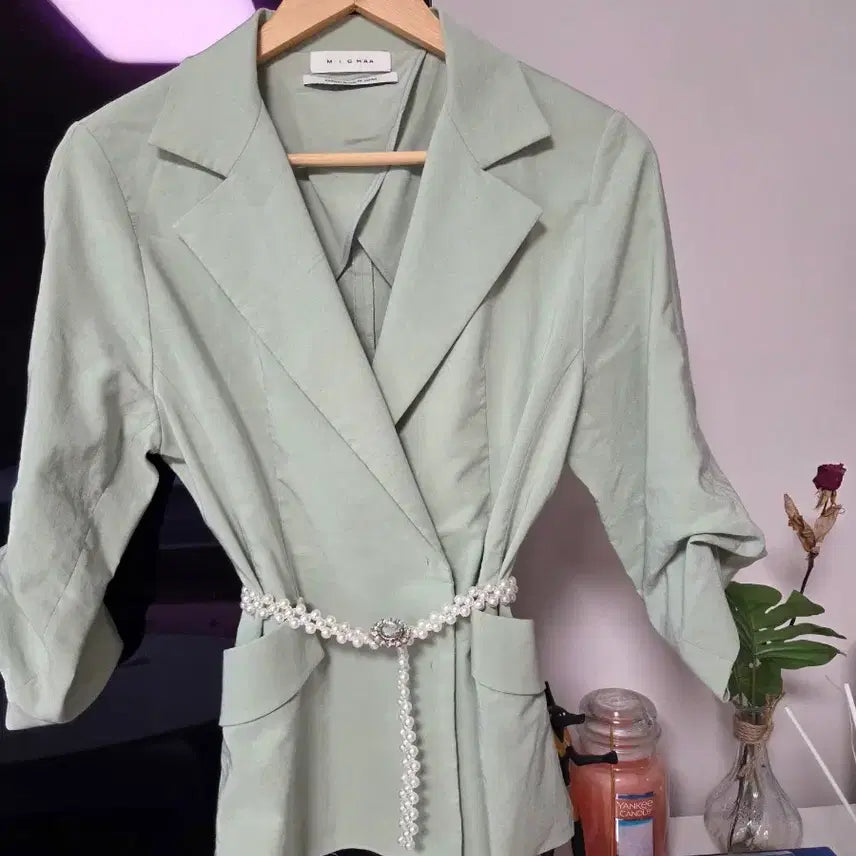 [BUNJANG] MICHAA Mint Linen Blazer Jacket / MICHAA미샤 민트 블레이저 린넨자켓 + 진주 벨트