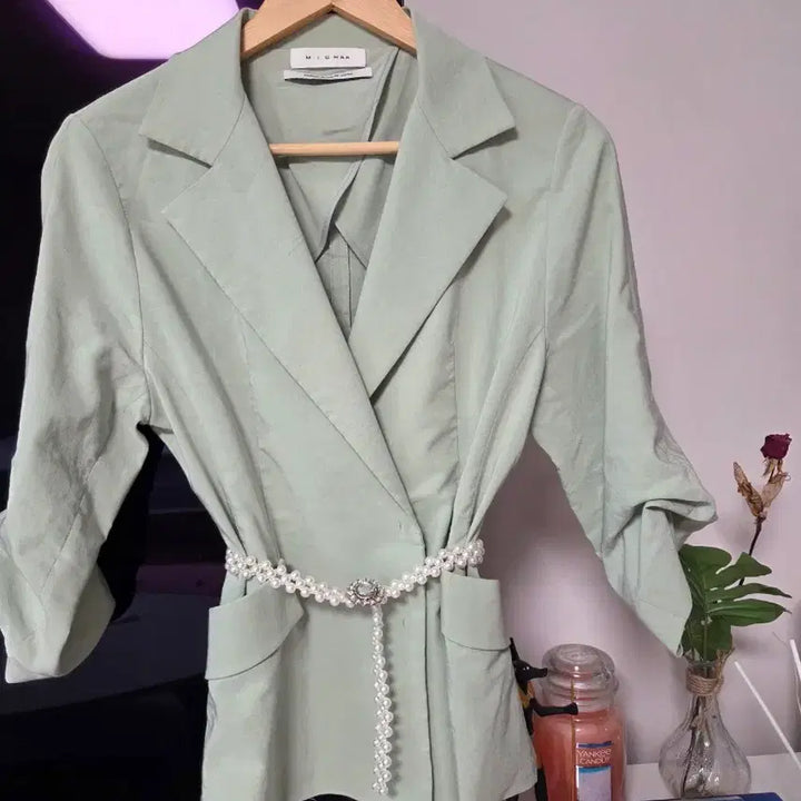 [BUNJANG] MICHAA Mint Linen Blazer Jacket / MICHAA미샤 민트 블레이저 린넨자켓 + 진주 벨트