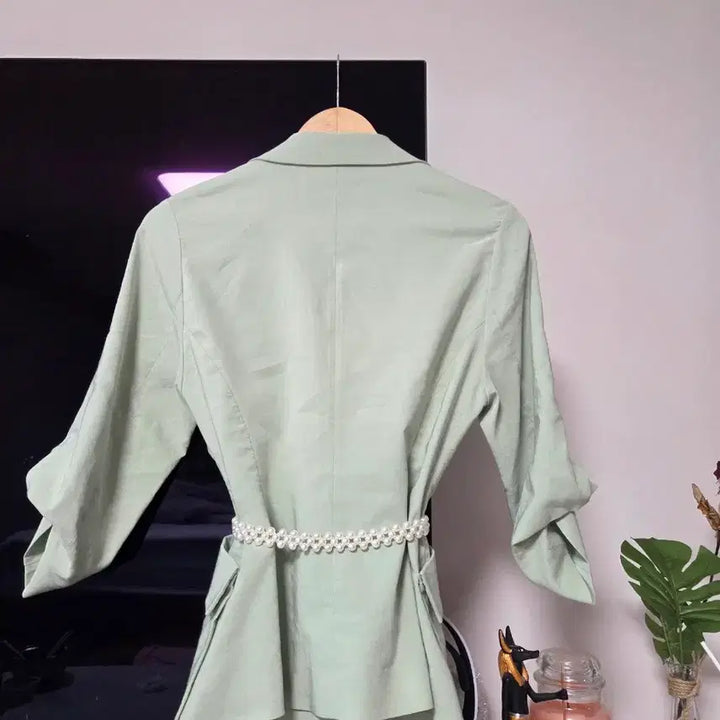 [BUNJANG] MICHAA Mint Linen Blazer Jacket / MICHAA미샤 민트 블레이저 린넨자켓 + 진주 벨트