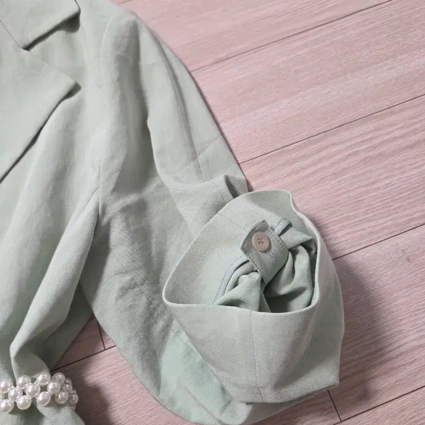 [BUNJANG] MICHAA Mint Linen Blazer Jacket / MICHAA미샤 민트 블레이저 린넨자켓 + 진주 벨트