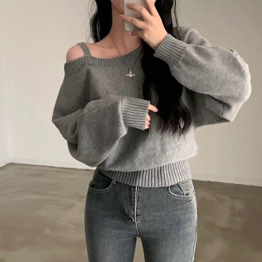 [BUNJANG] Off-Shoulder Gray Knit Top / 오프숄더 끈 니트 반오프숄더 그레이