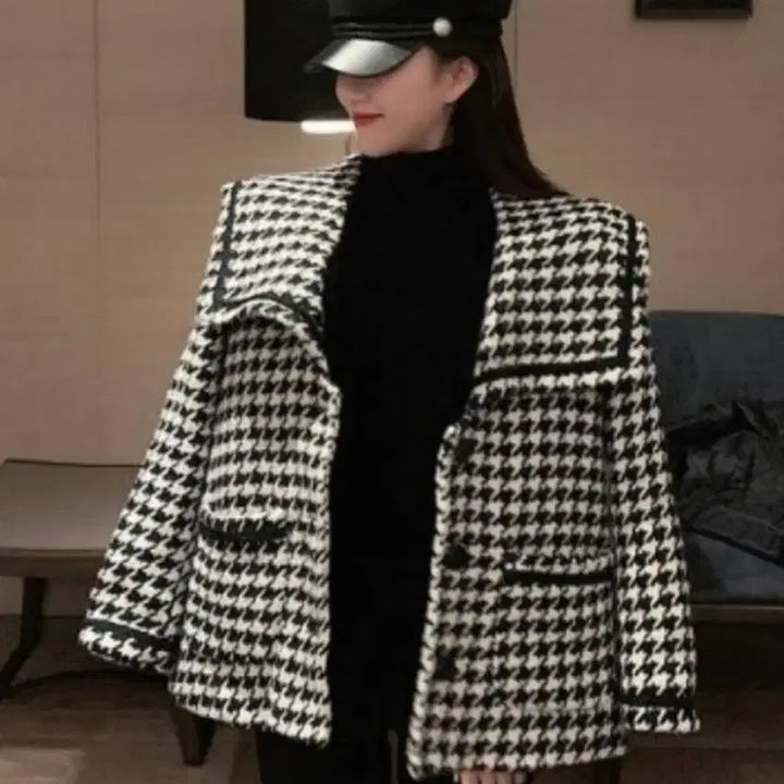 [BUNJANG] Houndstooth Sailor Collar Tweed Coat / 하운드투스 세일러카라 트위드 코트