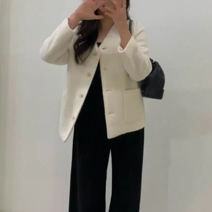 [BUNJANG] Ivory V-Neck Quilted Wool Jacket (New) / 아이보리 브이넥 누빔 울 자켓(새상품)