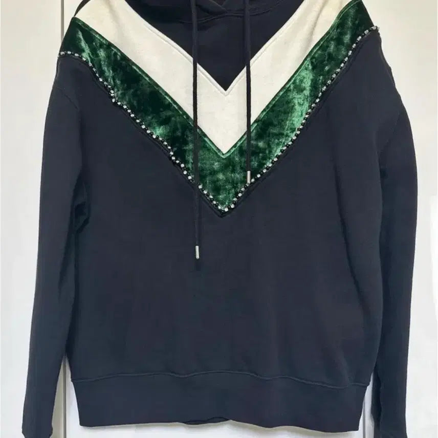 [BUNJANG] Sandro Black Velvet Embellished Fleece Hoodie / 산드로 블랙 벨벳 포인트 기모후드티