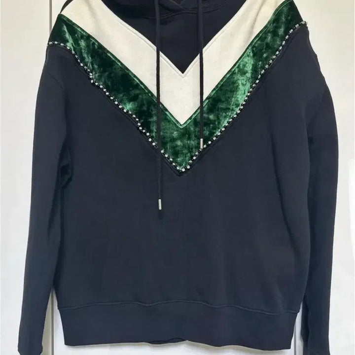 [BUNJANG] Sandro Black Velvet Embellished Fleece Hoodie / 산드로 블랙 벨벳 포인트 기모후드티