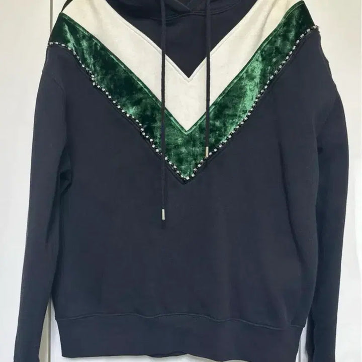 [BUNJANG] Sandro Black Velvet Embellished Fleece Hoodie / 산드로 블랙 벨벳 포인트 기모후드티