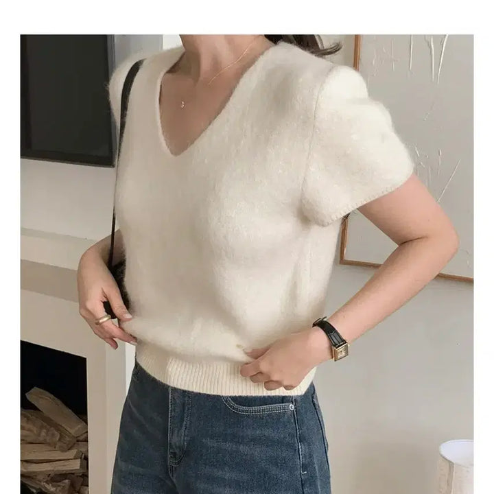 [BUNJANG] Gray Angora Short-Sleeve Knit / 회색 앙고라 반팔니트