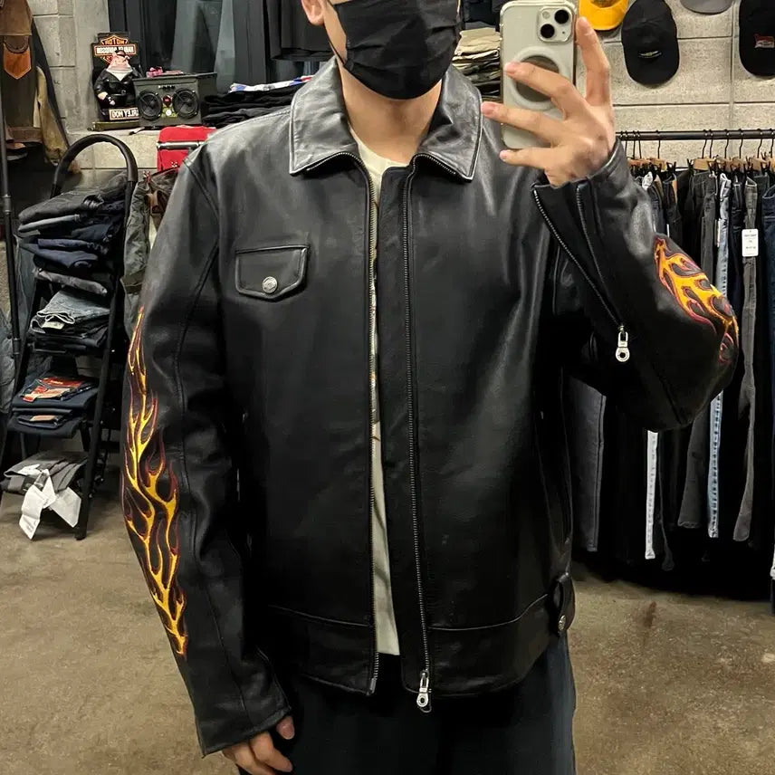 [BUNJANG] Harley-Davidson Flame Leather Jacket (Size 105-110) / 할리데이비슨 플레임 레더 자켓 (105-110)