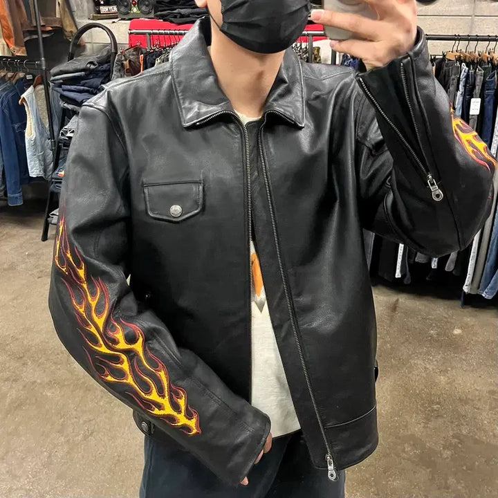 [BUNJANG] Harley-Davidson Flame Leather Jacket (Size 105-110) / 할리데이비슨 플레임 레더 자켓 (105-110)