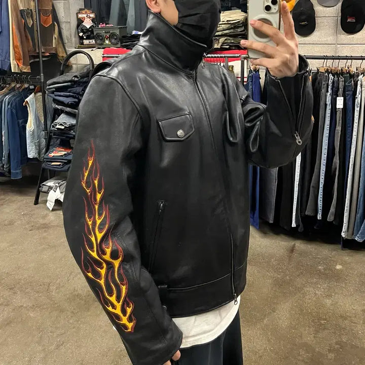 [BUNJANG] Harley-Davidson Flame Leather Jacket (Size 105-110) / 할리데이비슨 플레임 레더 자켓 (105-110)