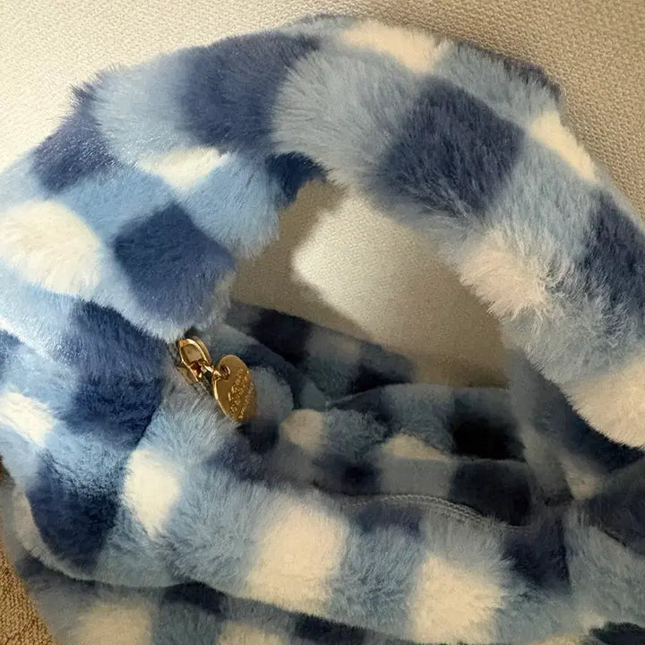 [BUNJANG] Blue Checkered Fur Mini Tote Bag / 블루 체크 퍼 미니 토트백