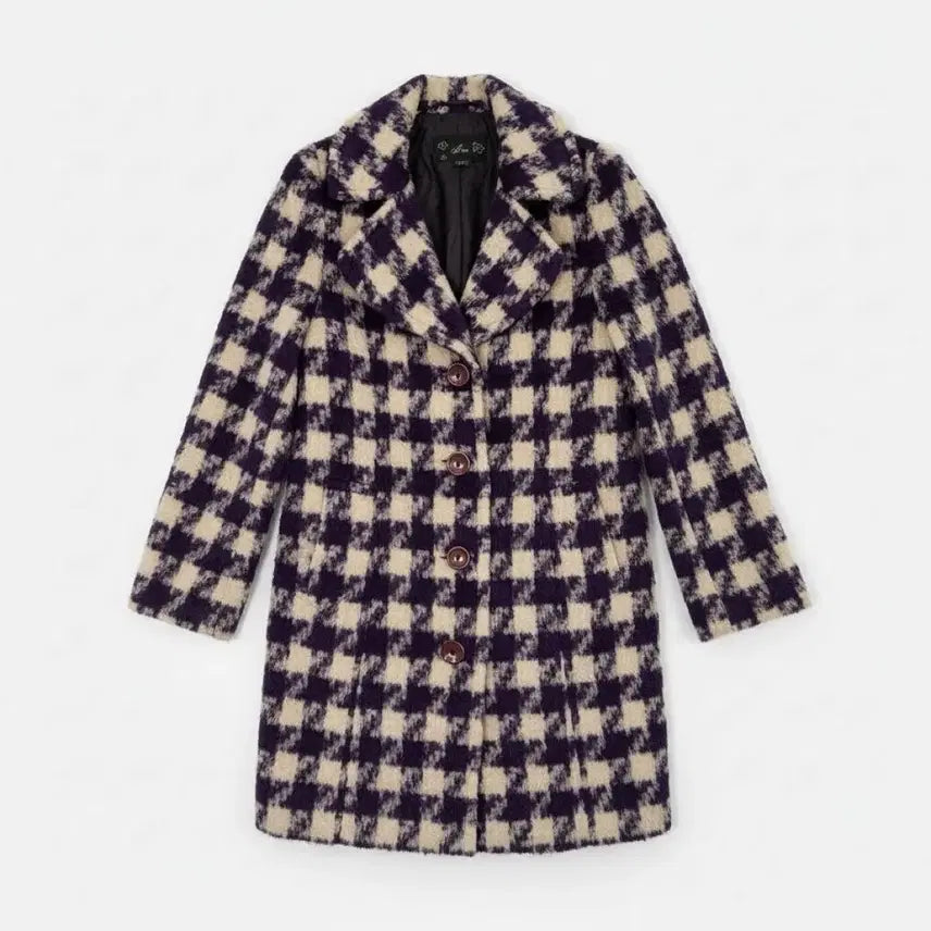 [BUNJANG] Check Pattern Wool Long Coat Purple Ivory / [88-98-165/44~55] 체크 패턴 모직 롱코트 퍼플 아이보리