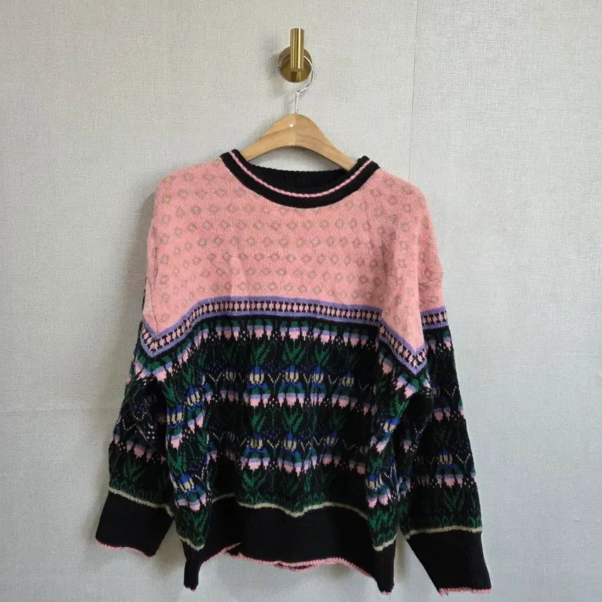 [BUNJANG] Pink Pattern Knit Sweater / 여성 핑크 패턴 니트 스웨터 F사이즈