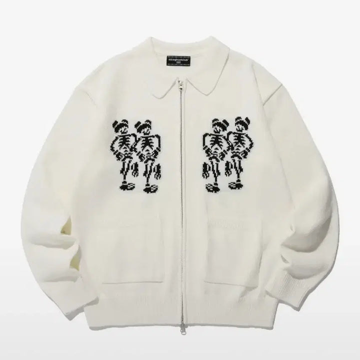 [BUNJANG] Nice Ghost Club Dancing Skeletons Zip Polo Knit_White Zip-up / 나이스고스트클럽 니트집업
