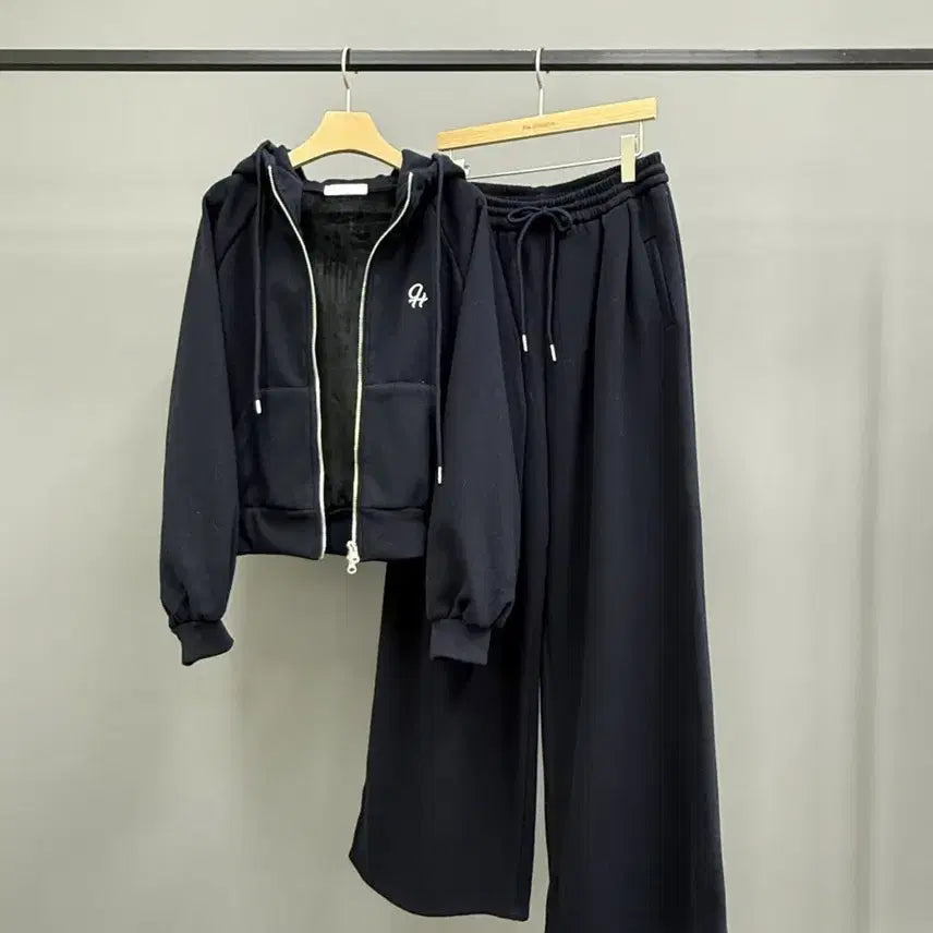 [BUNJANG] Brushed Fleece Hooded Zip-Up Set / 융기모 후드 집업 밴딩 니트바지 상하세트