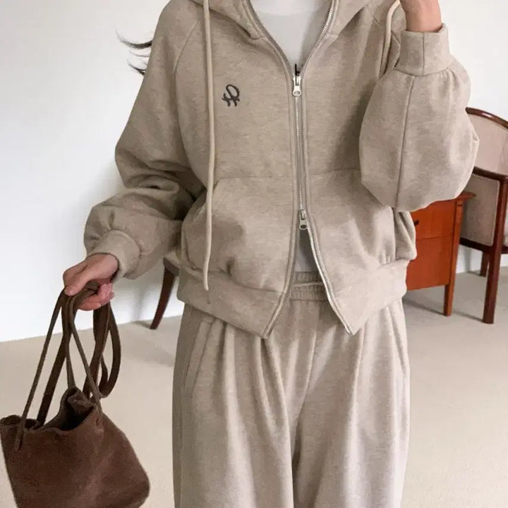 [BUNJANG] Brushed Fleece Hooded Zip-Up Set / 융기모 후드 집업 밴딩 니트바지 상하세트