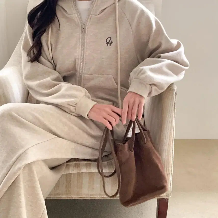 [BUNJANG] Brushed Fleece Hooded Zip-Up Set / 융기모 후드 집업 밴딩 니트바지 상하세트