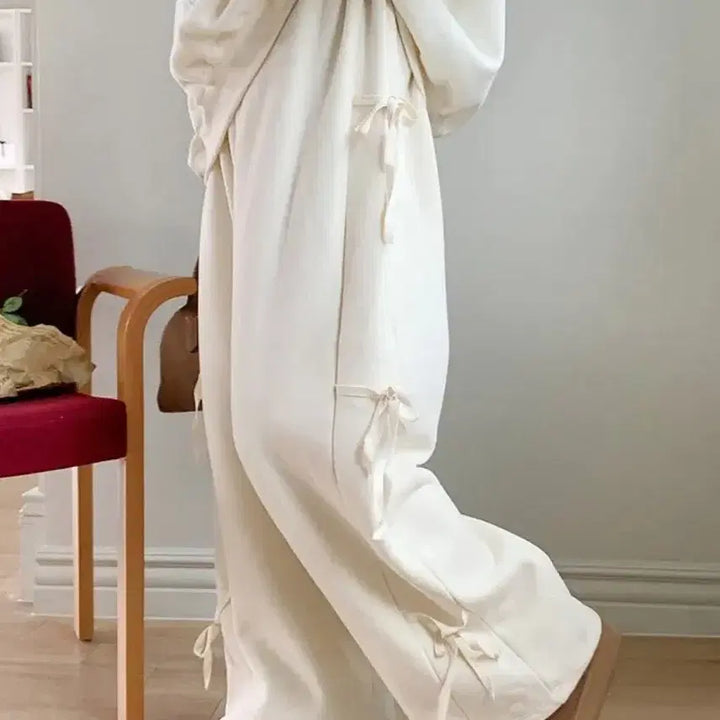 [BUNJANG] Ribbon String Wide Fleece Training Pants / 새상품)리본 스트링 와이드 기모트레이닝 팬츠