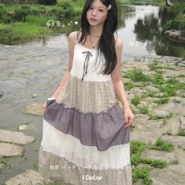 [BUNJANG] Toksoda Forest Ribbon Patchwork Maxi Dress / 톡소다 숲속 끈조절 리본 패치워크 대장 롱원피스