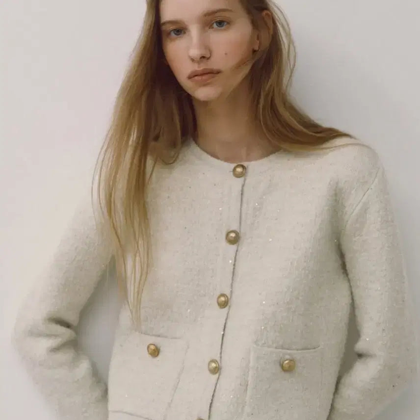 [BUNJANG] Chix Label Sequin Jacket Cardigan - Ivory / 칙스라벨 시퀸자켓가디건 아이보리