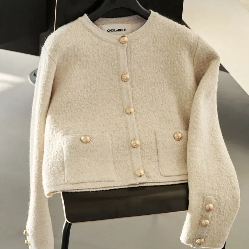 [BUNJANG] Chix Label Sequin Jacket Cardigan - Ivory / 칙스라벨 시퀸자켓가디건 아이보리