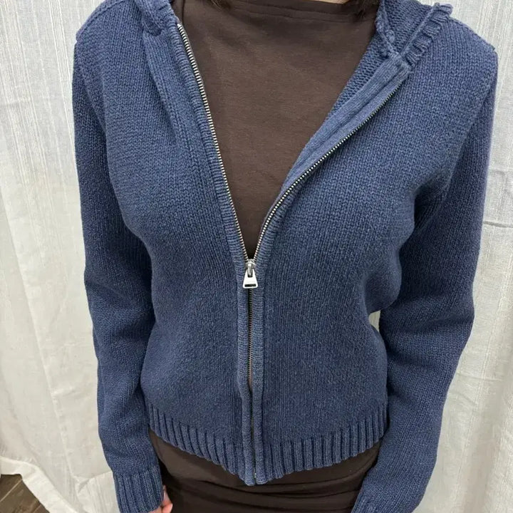 [BUNJANG] Calvin Klein Navy Blue Knit Hooded Zip-Up Jacket / CK 캘빈클라인 네이비 블루 니트 후드 집업 재킷