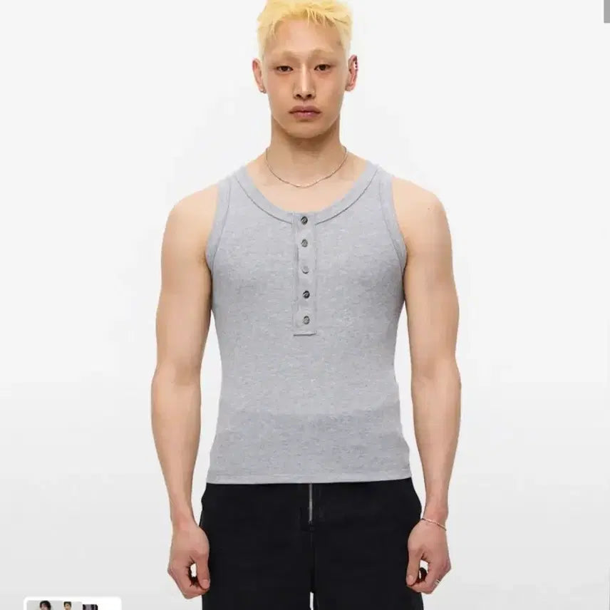 [BUNJANG] More Than Black Henley Neck Tank Top / 모어댄블랙 나시