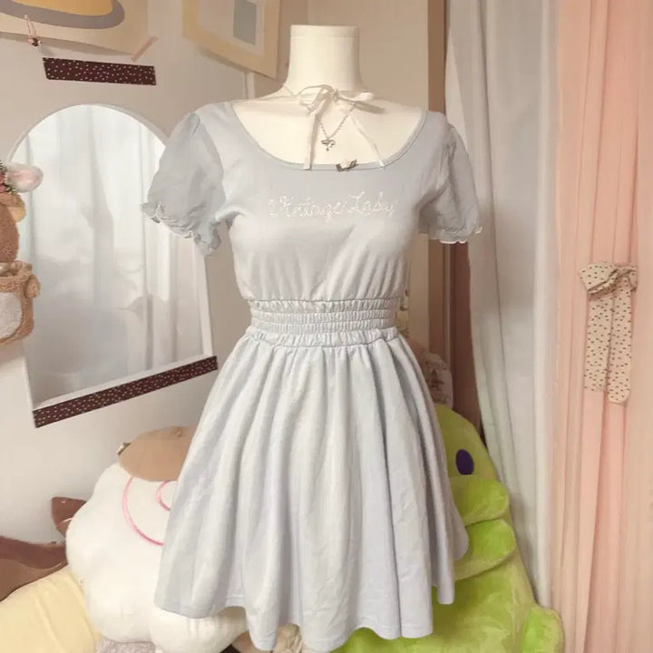 [BUNJANG] Ilbe Pale Gray Blue Ribbon Dress / 착샷O) 페일 그레이블루 리본 원피스 일브 페어리 갸루