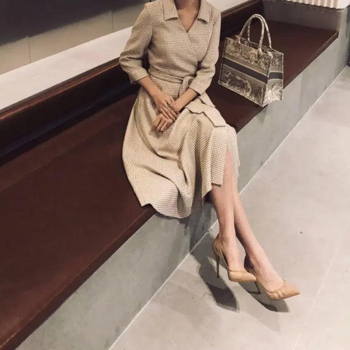 [BUNJANG] Blancshow Houndstooth Dress Beige S / 블랑쇼 하운드투스 드레스 원피스 베이지 s