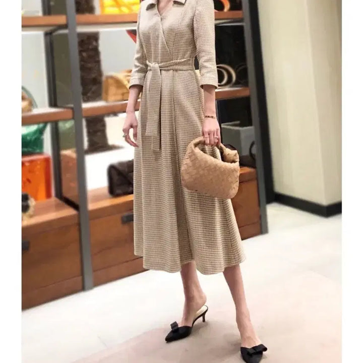 [BUNJANG] Blancshow Houndstooth Dress Beige S / 블랑쇼 하운드투스 드레스 원피스 베이지 s