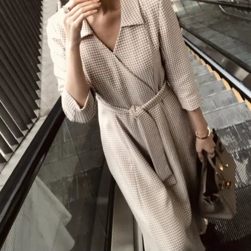 [BUNJANG] Blancshow Houndstooth Dress Beige S / 블랑쇼 하운드투스 드레스 원피스 베이지 s