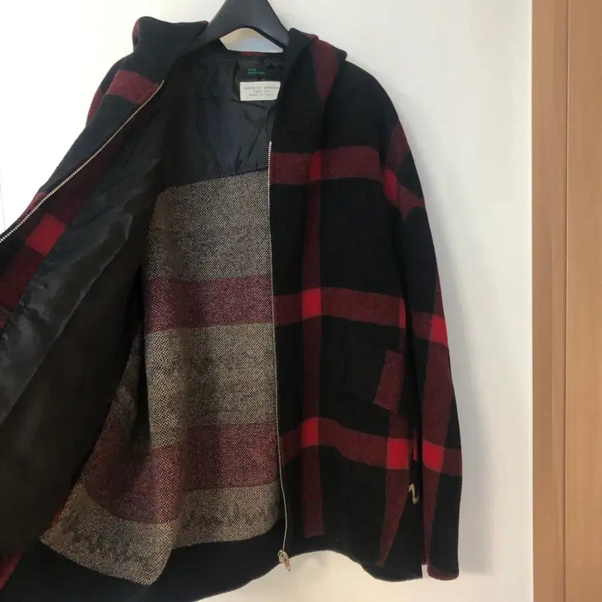[BUNJANG] Benetton Alexander Checkered Hooded Handmade Coat / 베네통 21년 알렉산더 체크 후드 핸드메이드 코트 노르딕 에스닉