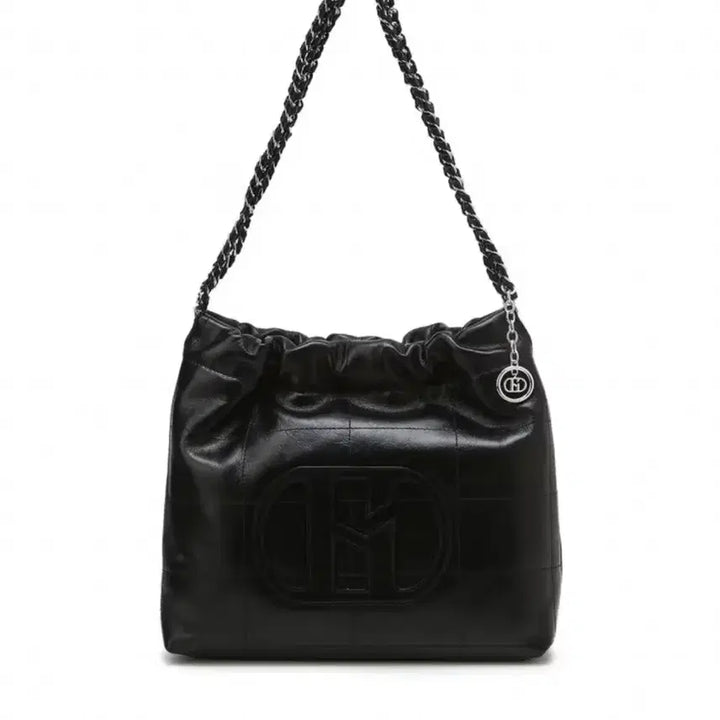 [BUNJANG] Hazzys Black Leather Quilted Silver Chain Hobo Shoulder Bag / 헤지스  블랙 레더 퀼팅 실버 체인 호보 숄더백 M