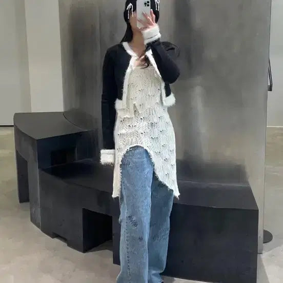 [BUNJANG] DIAGONAL Black Cropped Cardigan / (마지막가격)다이애그널 블랙 트리밍 크롭 가디건