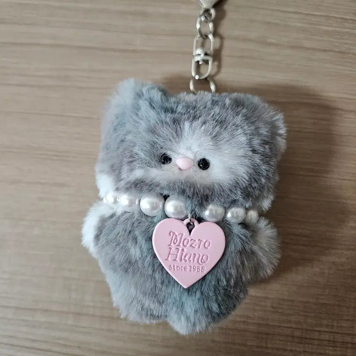 [BUNJANG] Gray Mackerel Tabby Cat Keychain with Heart Pendant / [새상품] 그레이 고등어 태비 고양이 키링